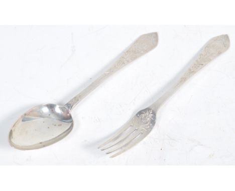 A rare 19th Century Victorian hallmarked silver fork and spoon set by&nbsp;Walter &amp; John Barnard having decorative engrav