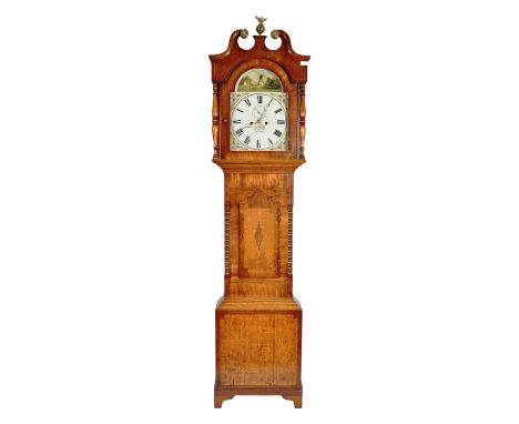 A 19th Century Victorian antique oak and mahogany longcase grandfather clock by John Foster Market Rassan. Arched swan neck p