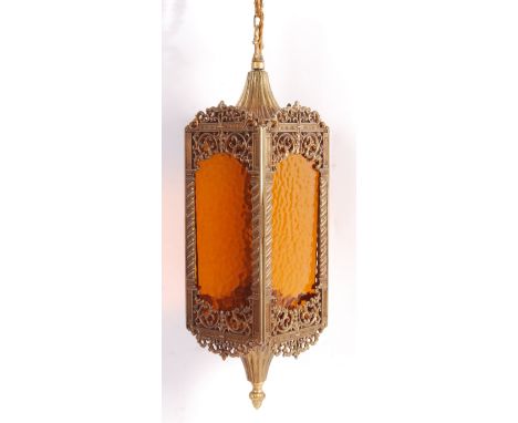 An antique 19th century Victorian brass hanging lantern / light. The squared brass lamp decorated with column supports to the