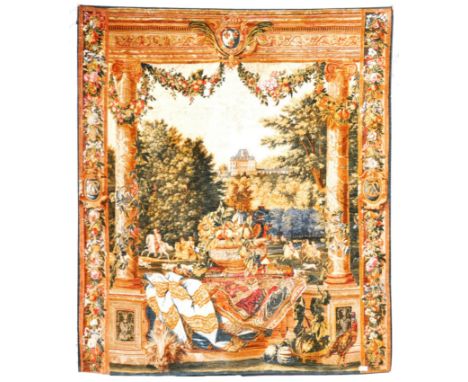 An impressive 20th century Hines of Oxford loom-woven tapestry, depicting the Palace of Versailles and scenes of countryside 