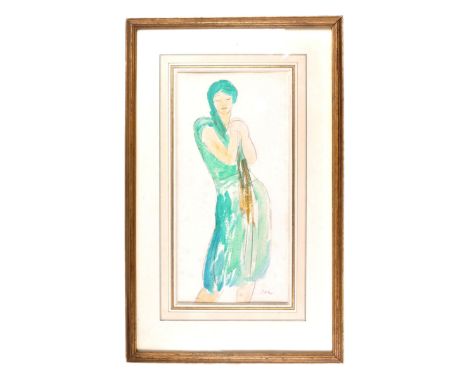 Manner of Augustus Edwin John (1878-1961) watercolour study entitled ' Standing Woman With Hands at Shoulder ' Pencil and wat