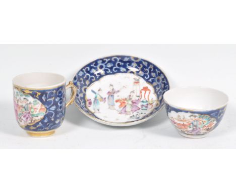 An 18th Century Chinese antique porcelain trio consisting of a ea cup with gilded handle, tea bowl and matching saucer plate.