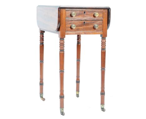 A 19th Century Victorian antique mahogany sofa table of small proportions having twin drop leaves to sides. Twin drawers to o