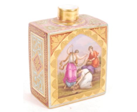 A 19th Century antique Austrian fine porcelain tea caddy of square form hand painted with cartouche panel depicting three mai