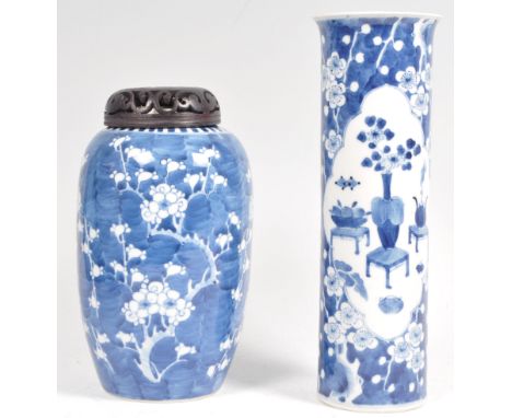 Two pieces of 19th Century Chinese antique porcelain blue and white items in the Prunus pattern comprising a large and tall g