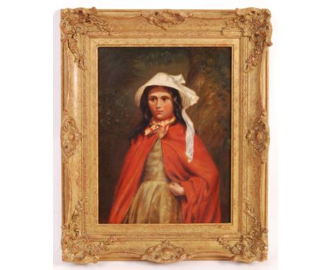 English School - A fine late 19th century oil on board portrait painting of a young lady depicted wearing a red shawl with wh