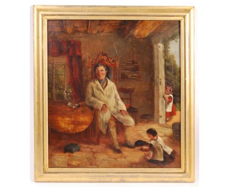 A 19th century English School oil on canvas painting of a Herdsman / Dairy Farmer set within a country kitchen scene. The sce