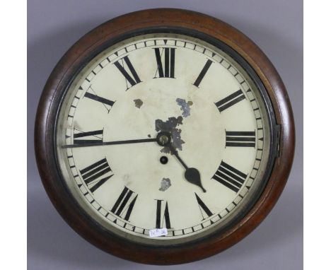 A mahogany cased circular school clock with fusee movement and enamel dial.