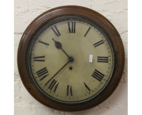 A mahogany cased circular school wall clock with fusee movement and enamel dial.