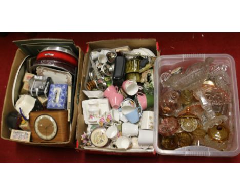 Three boxes of miscellaneous china, crockery and glasswares to include Minton, Royal Albert, Midwinter, Hammersley, decanters