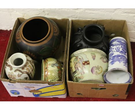 Two boxes and contents of various ceramic bowls and vases, etc.