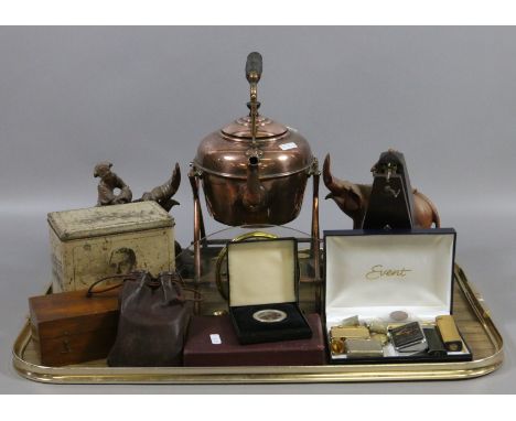 A tray of metalwares and wooden items to include copper, kettle, oriental carved elephant, lighters, coins, etc.