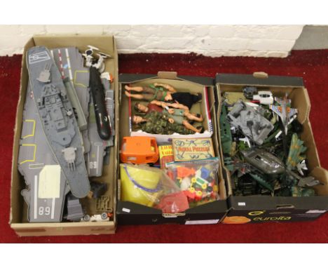 Three boxes of childrens toys and games to include Action Man figures, military aircraft models, tanks and aircraft carriers,