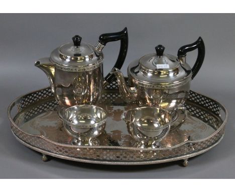 A Viners of Sheffield four part silver plate tea service and similar gallery tray.