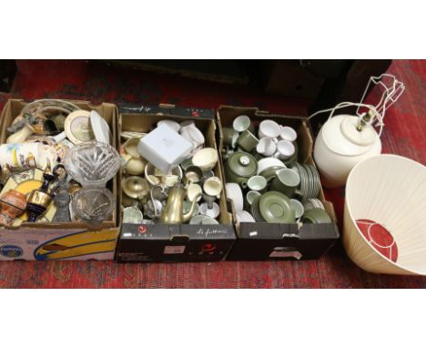 Three boxes of miscellaneous china, crockery and glasswares to include Denby dinner wares, Poole, Wedgwood, silverplate, larg