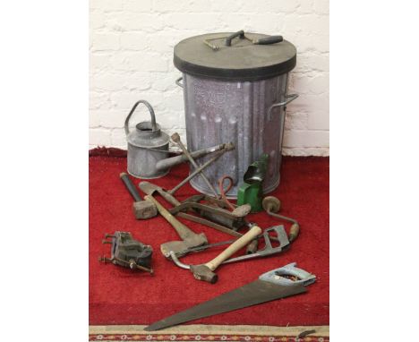 A galvanized bin and contents of garden tools, vice, etc.