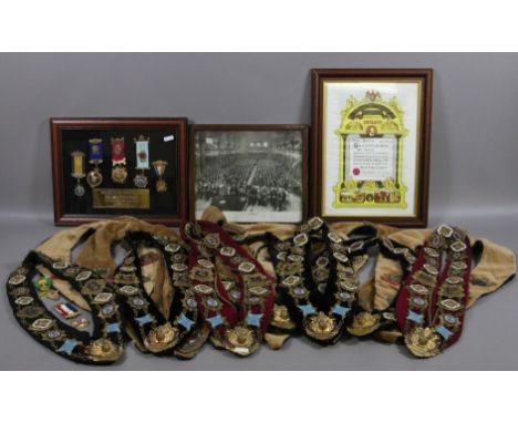 A very good collection of Buffalo regalia to include cased silver, gold and enamel medals, sashes adorned with enamelled bras