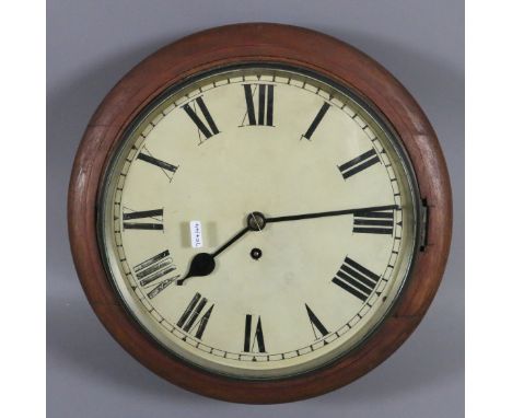 A mahogany cased circular school wall clock with enamel dial and fusee movement.