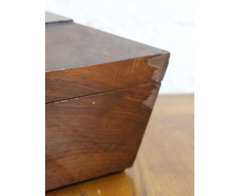 A Regency rosewood sarcophagus shaped tea caddy along with a C19th inlaid mahogany two section tea caddy.
