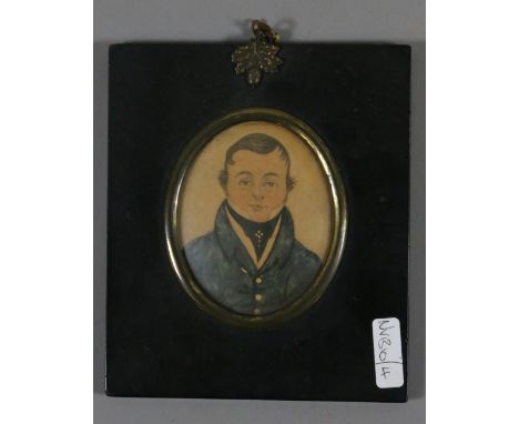 A nineteenth century portrait miniature watercolour on paper in ebonized frame. Depicting a young gentleman. Condition Report