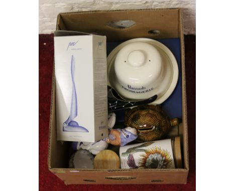 A box of miscellaneous ceramics including Royal Worcester cakestand, Harrod cheese dish, tortoise money box, Rye pottery figu