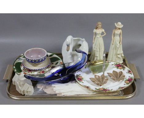 A tray lot of collectable china and glass to include Royal Albert, Poole, Wade and Nao examples.