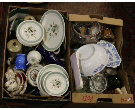 Two boxes of miscellaneous china, crockery and glasswares to include Denby, Poole, Woods part teaset, C19th items ornaments e
