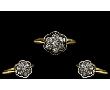 Antique Period 18ct Gold and Platinum Diamond Set Dress Ring, Flower head Design. The Diamonds of Good Colour and Clarity. Es