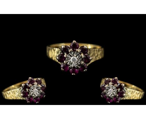 18ct Gold - Ladies Vintage Diamond and Rubies Set Ring, Flower head Design. Full Hallmark for 750 - 18ct to Interior of Shank