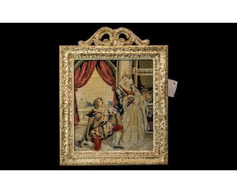 Berlin Wool-work Tapestry. Probably 19th Century, In Ornate Frame. Image Is of Queen Elizabeth the First and Robert Dudley, E