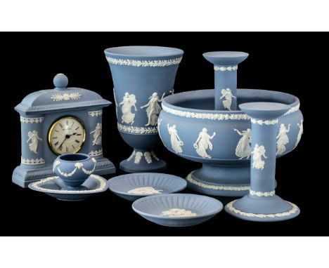 Collection of Wedgwood Blue Jasper Ware, comprising a large footed bowl 8" diameter, a mantle clock, a pair of 6" candlestick