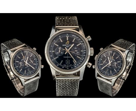 Breitling 1884 ' Transocean ' Stainless Steel Chronometer / Chronograph Gents Wrist Watch. Features a Steel Mesh Watch Strap 