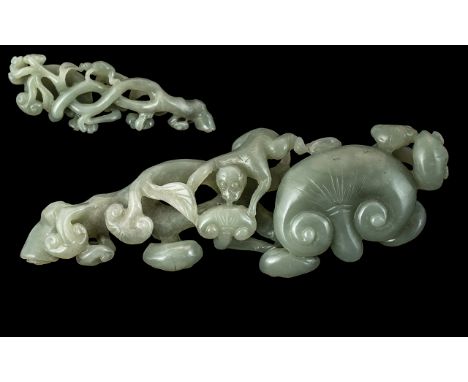 Chinese Late 19th / Early 20th Century Well Carved Jade Figure, Depicting The Figure of a Monkey Feeding on Lingzhi Fungus Sp