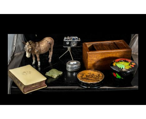 Quantity of Good Collectibles including Beswick donkey, cigarette dispenser, jadeite turtle, vintage miniature camera on trip