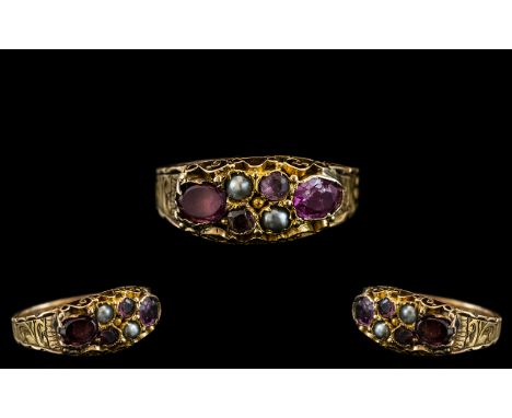 Victorian Period - Attractive 15ct Gold Amethyst and Pearl Set Posy Ring, Closed Back. Beautiful Embossed Decoration to Outsi