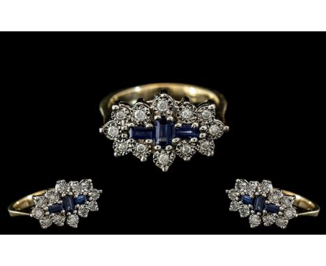 Ladies - Attractive 9ct Gold Sapphire and Diamond Set Dress Ring, Illusion Set. Full Hallmark to Interior of Shank for 9.375.