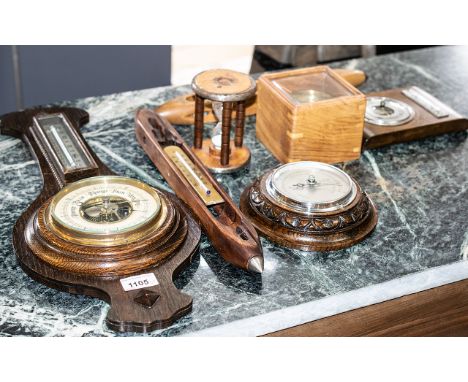 Meteorology Interest - Collection of Wooden Weather Related Items, comprising a banjo barometer 21" length, a wall thermomete