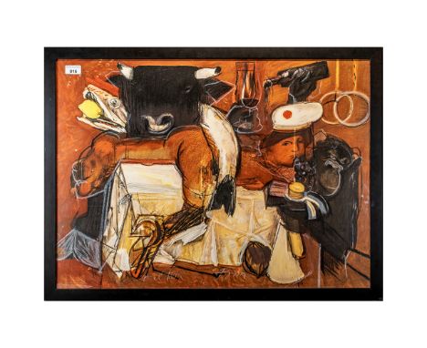 Large Mixed Media Original Abstract Print, depicting a bull, fish, naked lady, monkey butler, wine, etc. Spanish themed, sign