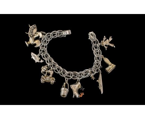 Excellent Vintage Sterling Silver Charm Bracelets Loaded with 11 Silver Quality Charms. All Marked for Sterling Silver. Compr