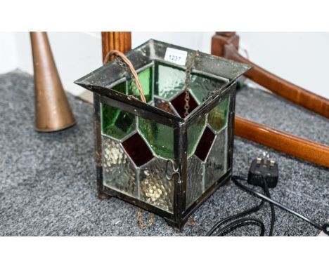 Lamp With Leaded Red Diamond Decoration, black metal square lamp, with dimpled glass and central red glass diamond.  Measures