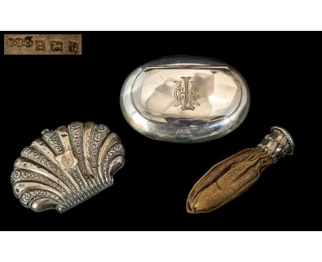 A Trio of Antique Period Silver and Silver Plated Items. Comprises 1/ Oval Shaped Sterling Silver Hinged Lidded Snuff Box, Ha