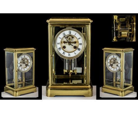Samuel Marti Brass ( Gilt ) 4 Glass Panel Mantel Clock, With 8 Day Striking Pendulum, Driven Movement, Enamel Porcelain Dial,