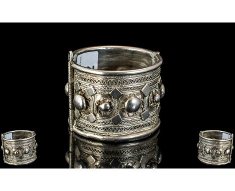 Antique Period Large Hand Crafted Silver Hinged Tribal Cuff Bangle, very ornate and embossed with applied and wirework decora
