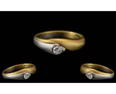 18ct Two Tone Gold Contemporary Designed Single Stone Diamond Ring, Marked 750 to Interior of Shank. The Round Brilliant Cut 