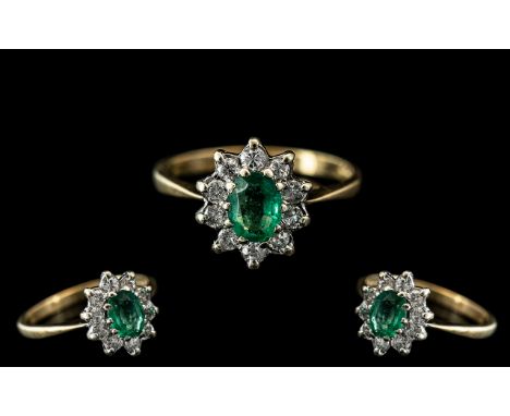 Ladies Attractive 9ct Gold Petite - Emerald and Diamond Set Ring, Flower head Setting. Full Hallmark to Interior of Shank, Th