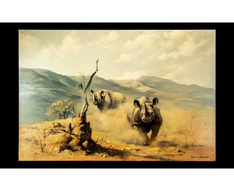 Donald Grant - British Artist 1930 - 2001 Large and Impressive Oil Painting - Titled 'Rhino' Oil on Canvas. Signed by Artist 