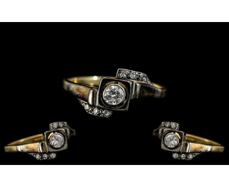 Antique Period - 18ct Gold and Platinum Diamond Set Dress Ring. Date 1898. Fully Hallmarked for 18ct. The Central Pave Set Di