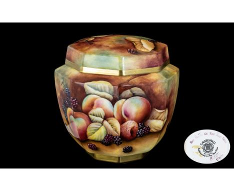 Caverswall Hand Painted Bone China Fruit Pattern Large Ginger Jar, measures 7'' tall, signed M Bates 5.8.77. to base.
