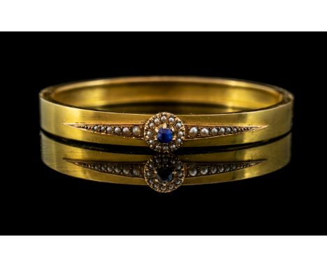Antique Period Superb 15ct Gold Sapphire and Seed Pearl Set Bangle - Marked 15ct. Set to Centre of Bangle with Seed Pearls an