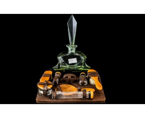Vintage Travelling Ladies Vanity Set, comprising hairbrush, mirror, clothes brush, make up containers and bottles, etc.  All 